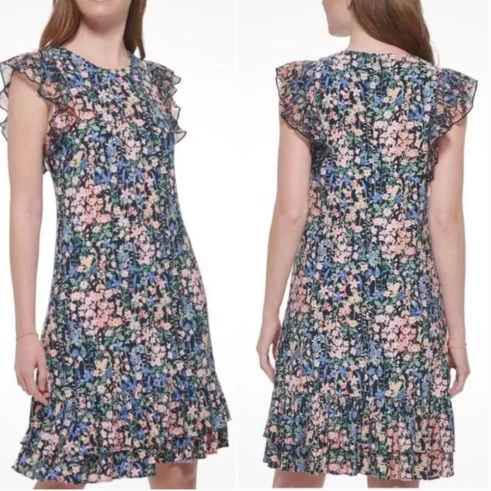 Tommy Hilfiger Size 14 Floral Printed Flutter Sleeve Tiered Ruffle Trim Dress